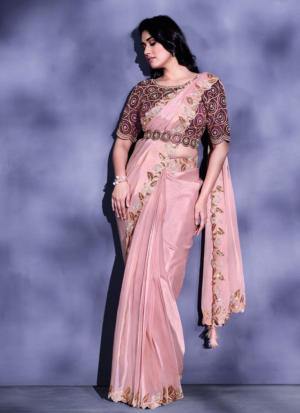 Trendy Saree Faux Crepe Satin Silk Pink Embroidered Saree