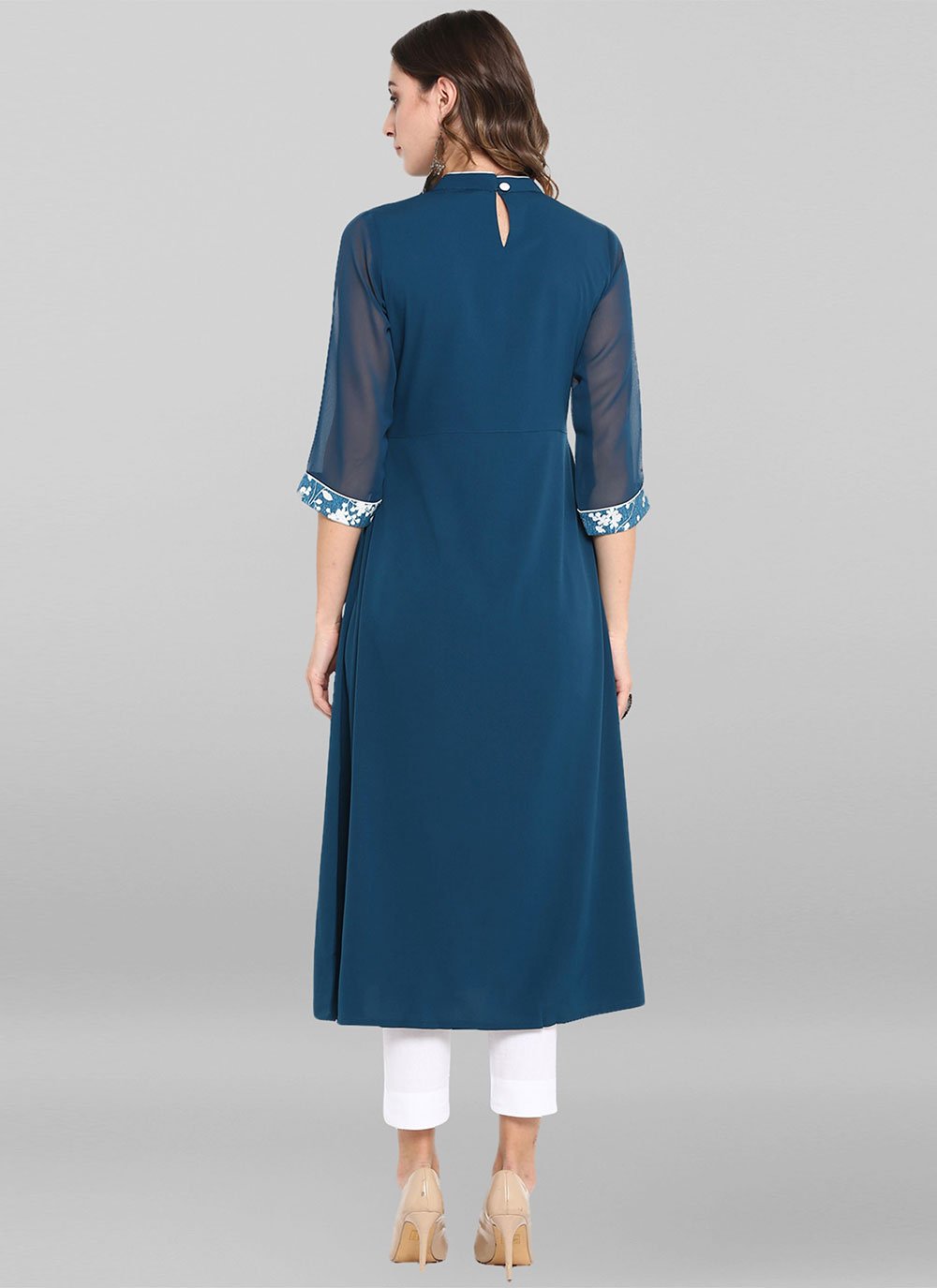 Casual Kurti Faux Crepe Blue Floral Patch Kurtis