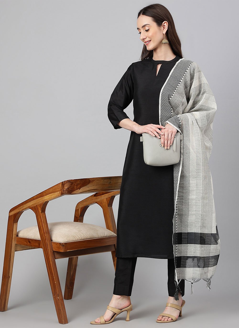 Pant Style Suit Faux Crepe Black Plain Salwar Kameez