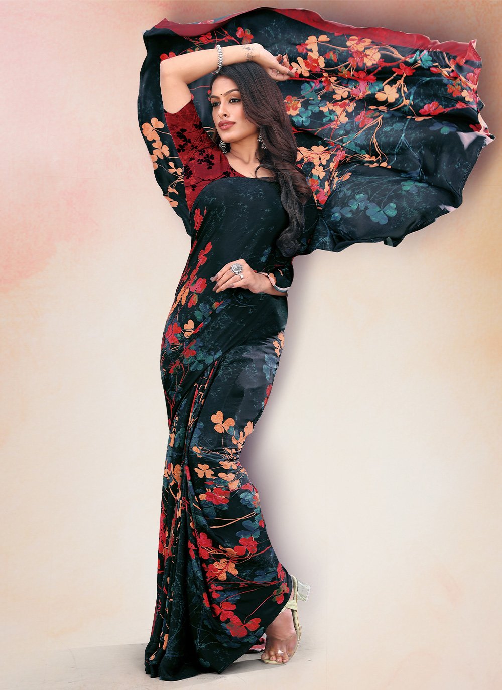 Classic Faux Crepe Teal Digital Print Saree