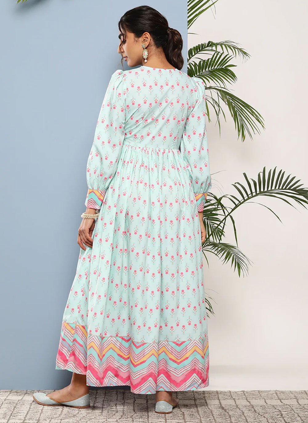 Gown Faux Crepe Aqua Blue Print Gown