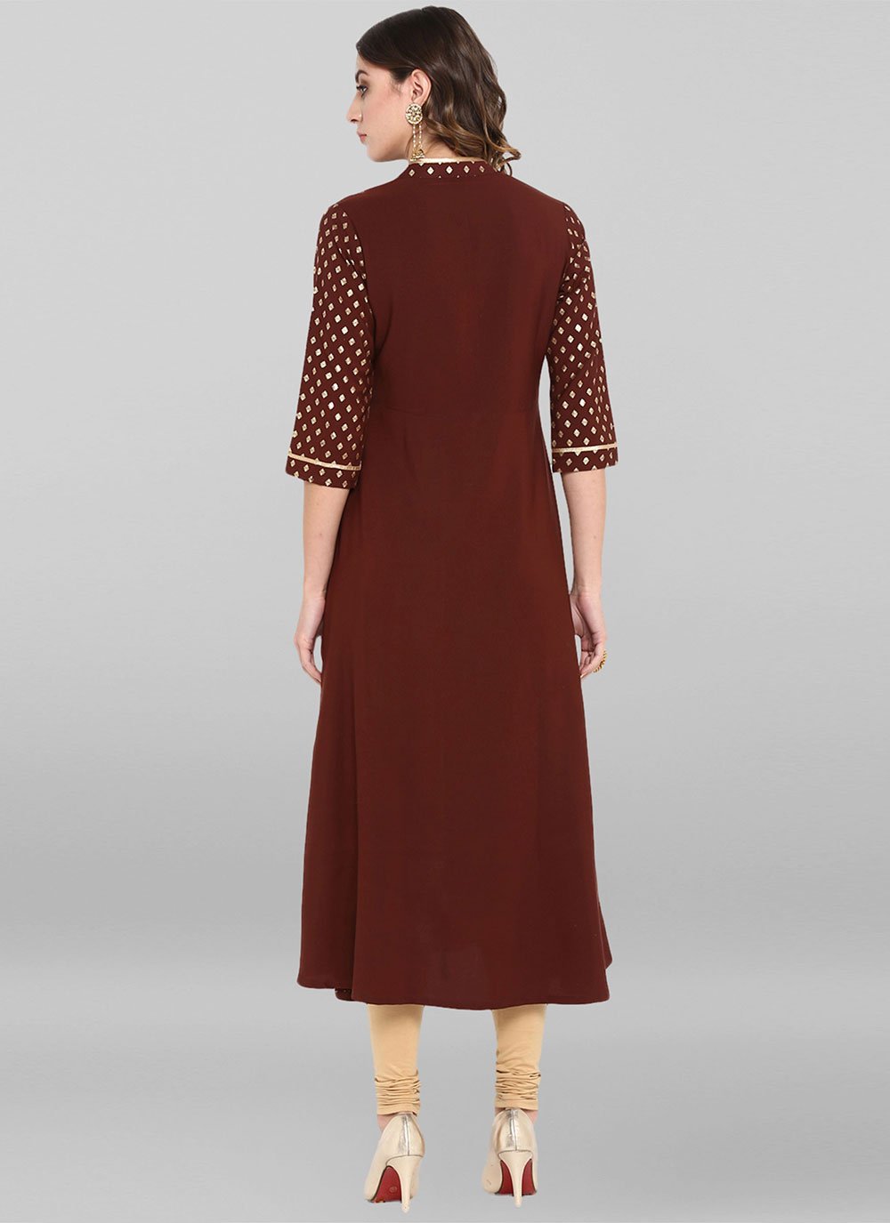 Party Wear Kurti Faux Crepe Maroon Print Kurtis