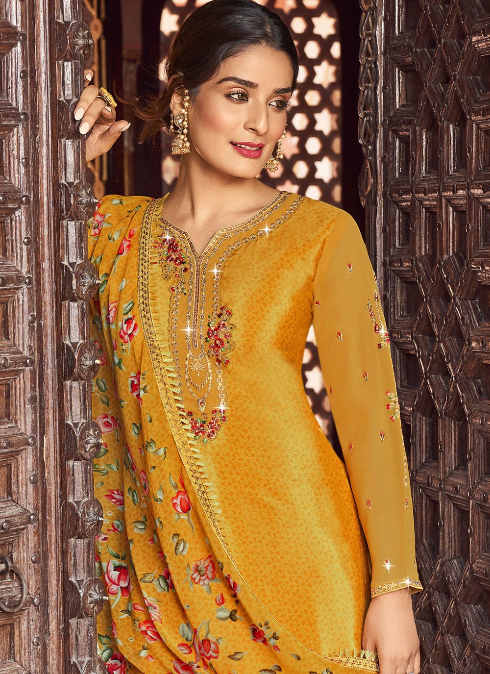 Salwar Suit Faux Crepe Mustard Diamond Salwar Kameez