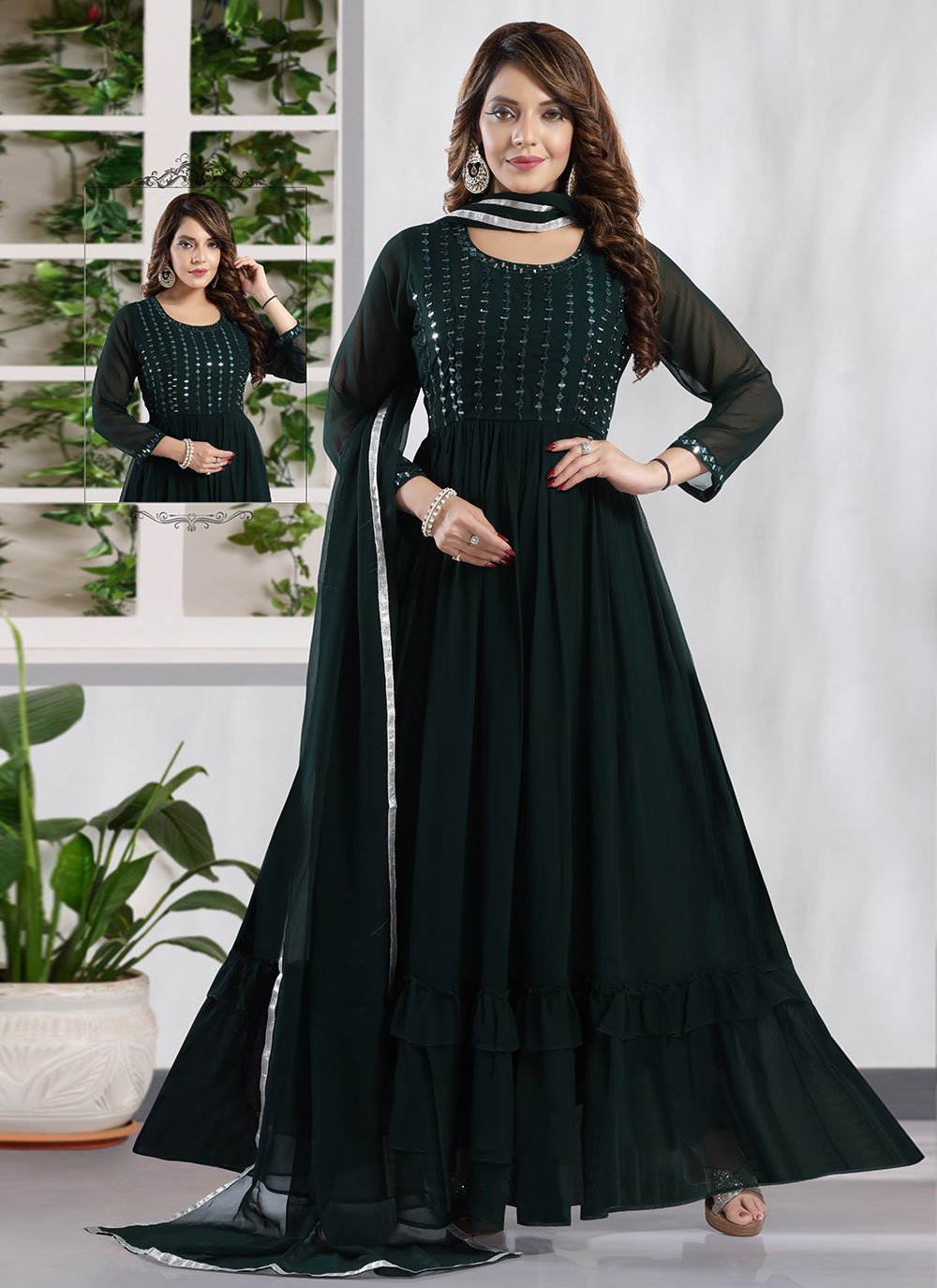 Anarkali Suit Faux Georgette Green Mirror Salwar Kameez