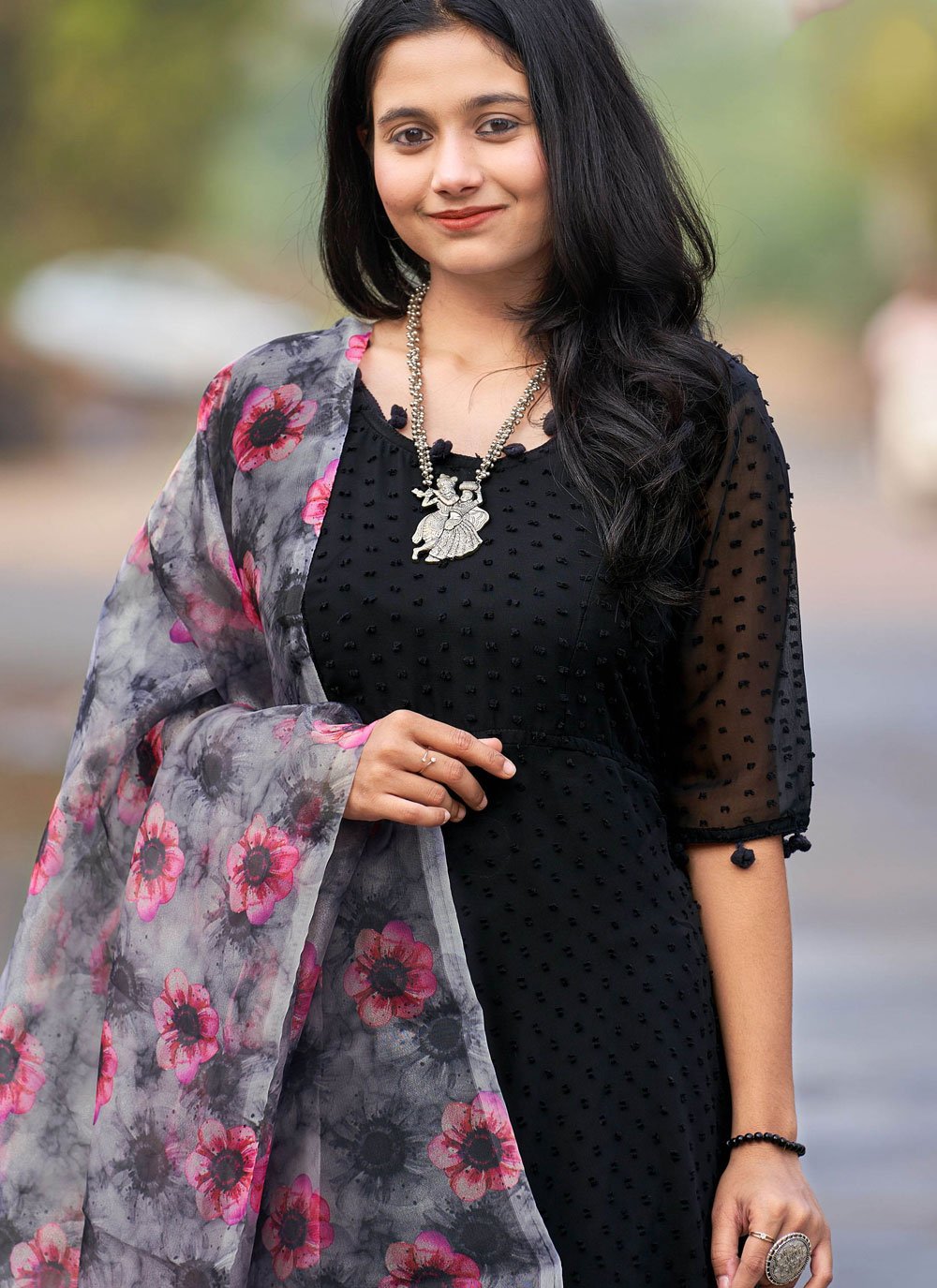 Gown Faux Georgette Black Booti Gown