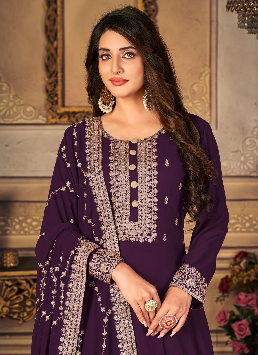 Salwar Suit Faux Georgette Purple Embroidered Salwar Kameez