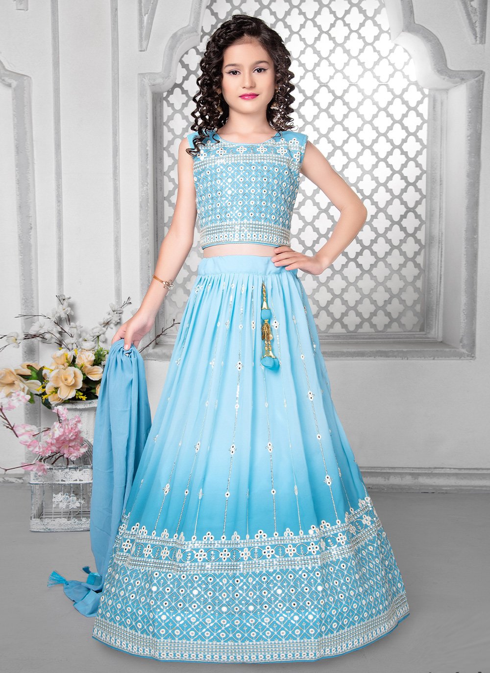 A Line Lehenga Faux Georgette Aqua Blue Digital Print Kids