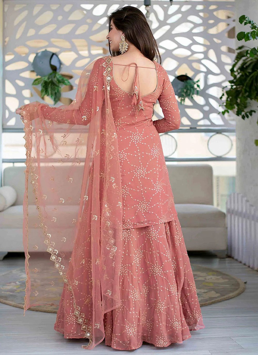 Lehenga Choli Faux Georgette Peach Embroidered Lehenga Choli