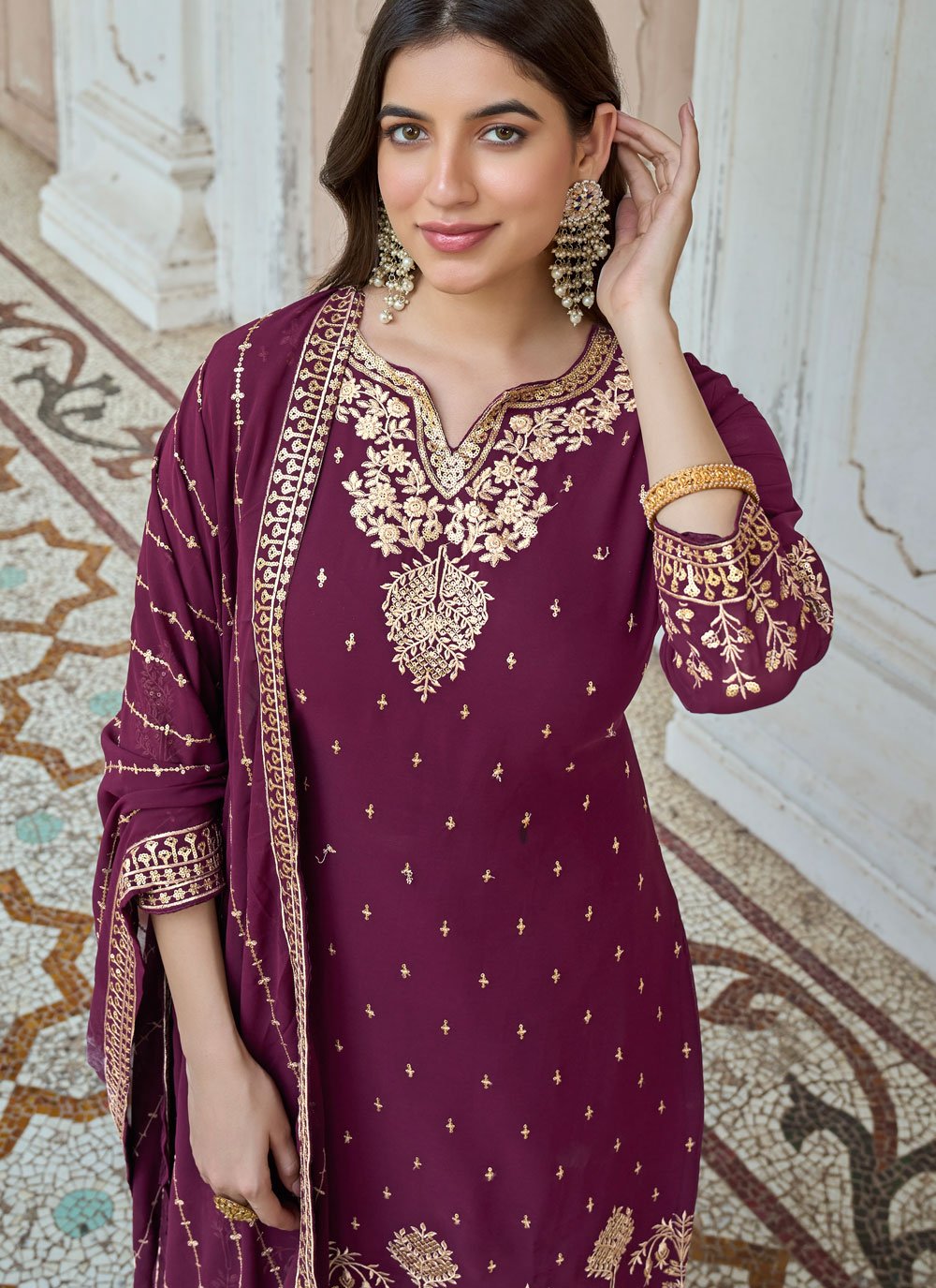 Salwar Suit Faux Georgette Magenta Embroidered Salwar Kameez