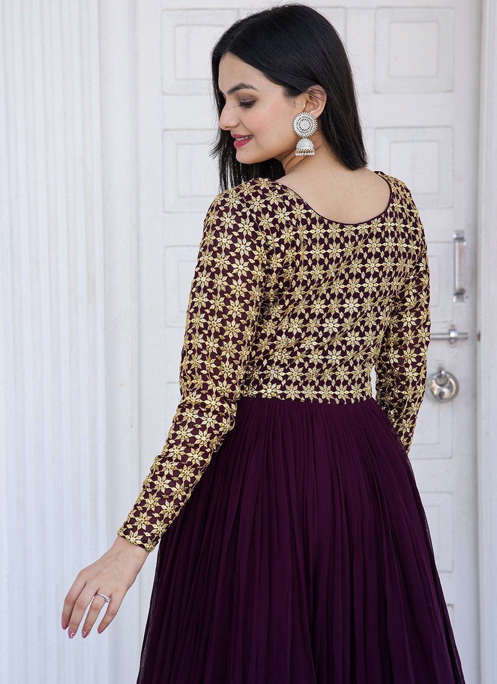 Gown Faux Georgette Purple Embroidered Gown