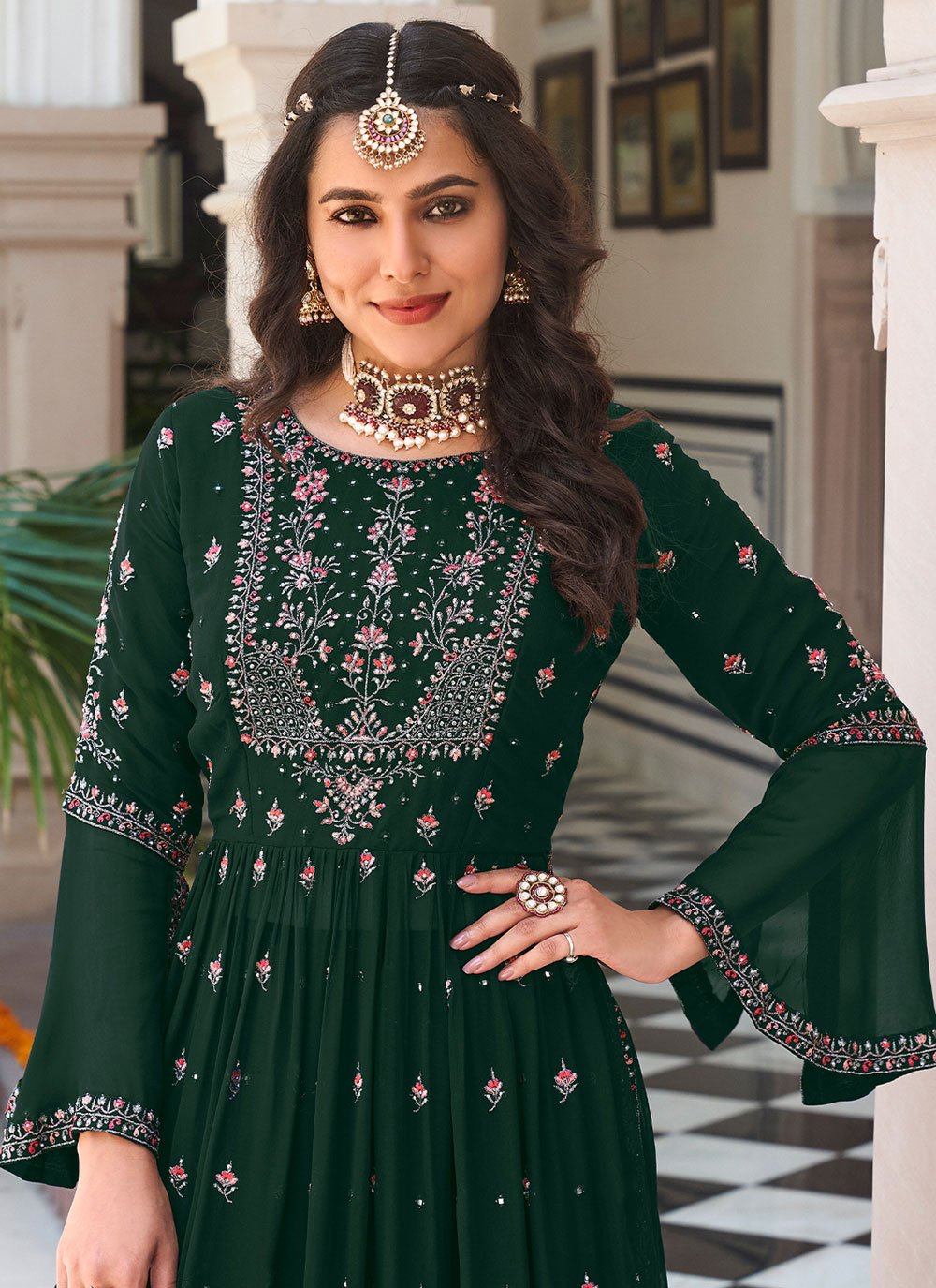 Salwar Suit Faux Georgette Green Embroidered Salwar Kameez