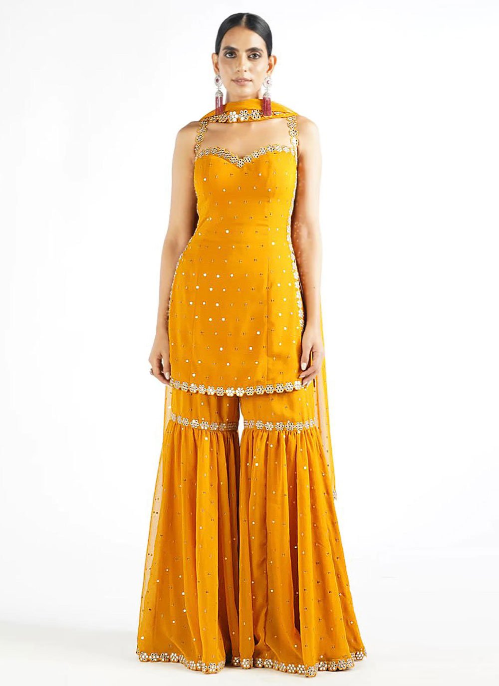 Palazzo Salwar Suit Faux Georgette Mustard Embroidered Salwar Kameez