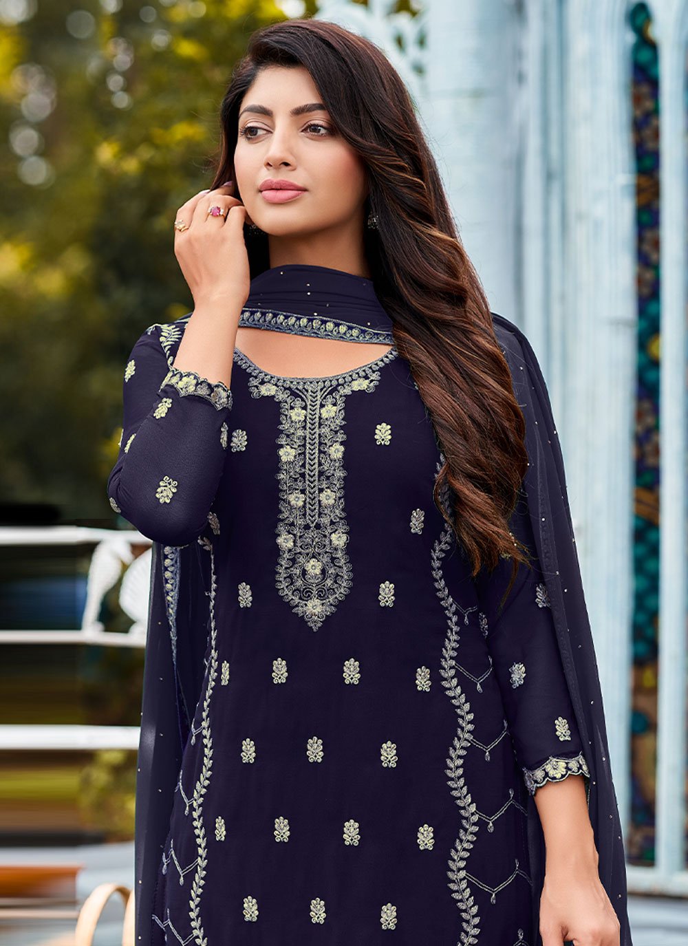 Pant Style Suit Faux Georgette Blue Embroidered Salwar Kameez