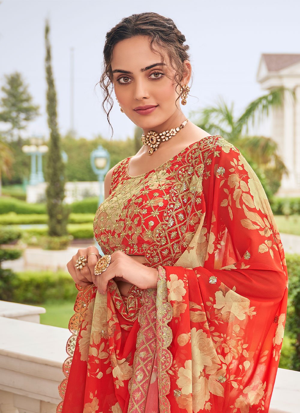 Lehenga Choli Faux Georgette Orange Digital Print Lehenga Choli