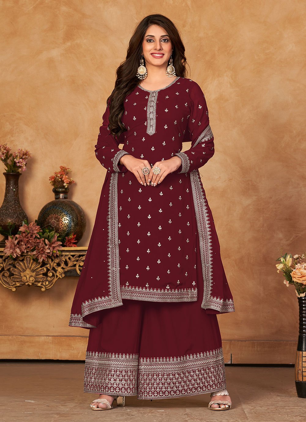 Palazzo Salwar Suit Faux Georgette Maroon Embroidered Salwar Kameez