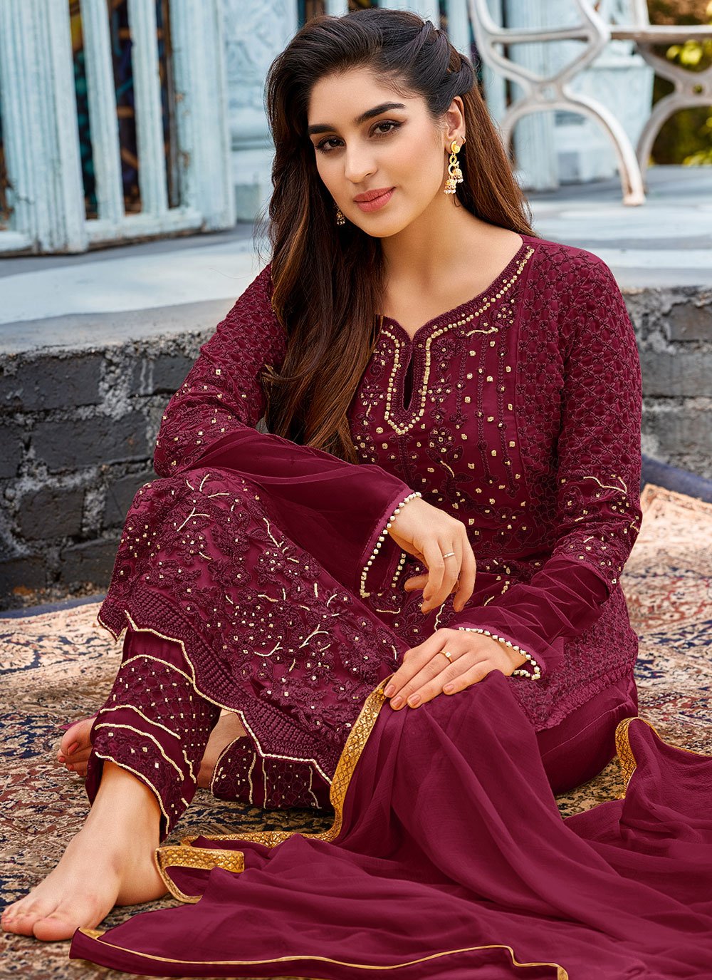 Pant Style Suit Faux Georgette Rani Embroidered Salwar Kameez