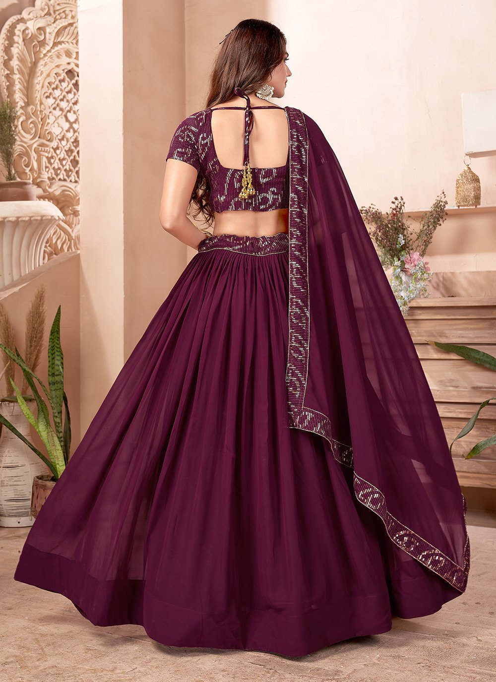 A Line Lehenga Faux Georgette Purple Embroidered Lehenga Choli