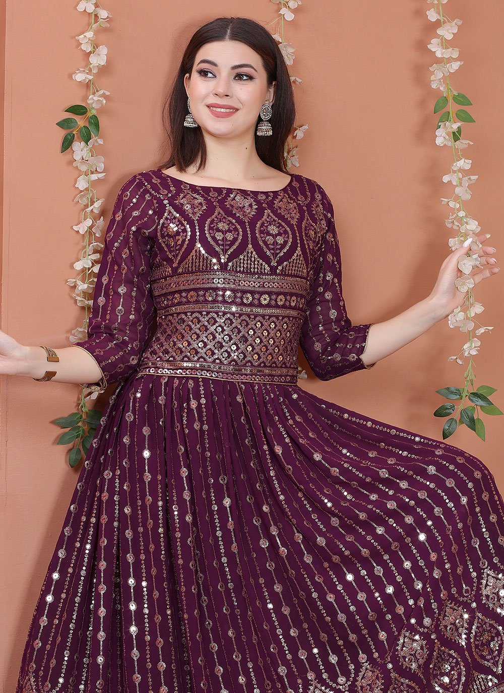 Designer Gown Faux Georgette Purple Sequins Gown