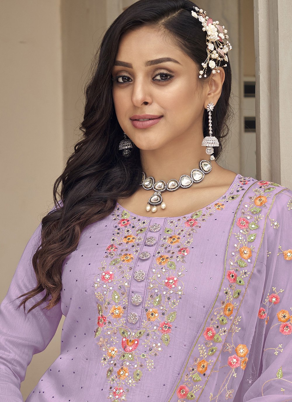 Salwar Suit Faux Georgette Lavender Buttons Salwar Kameez