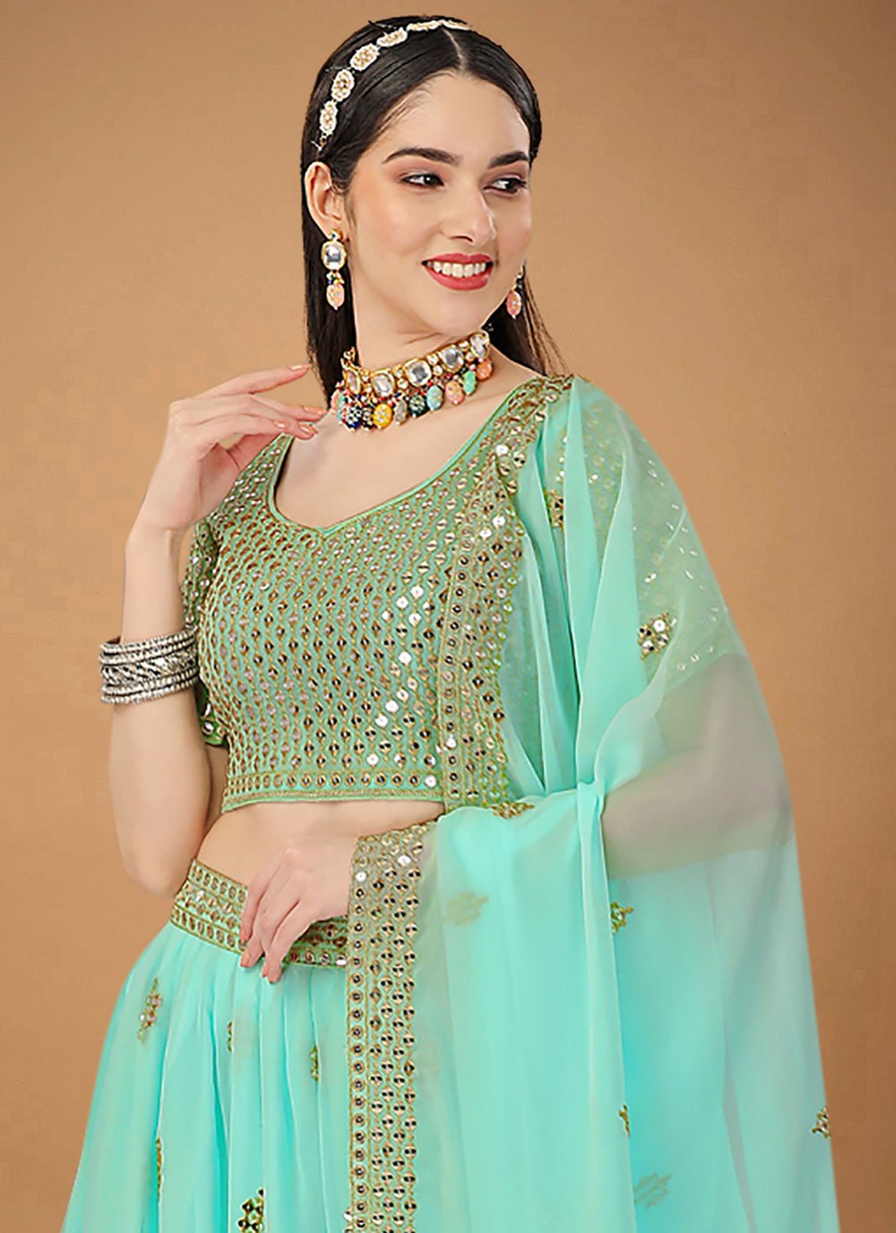 Lehenga Choli Faux Georgette Sea Green Embroidered Lehenga Choli