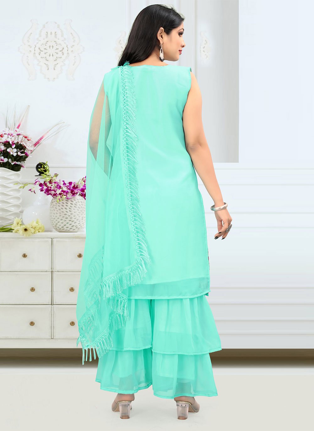Salwar Suit Faux Georgette Sea Green Embroidered Salwar Kameez