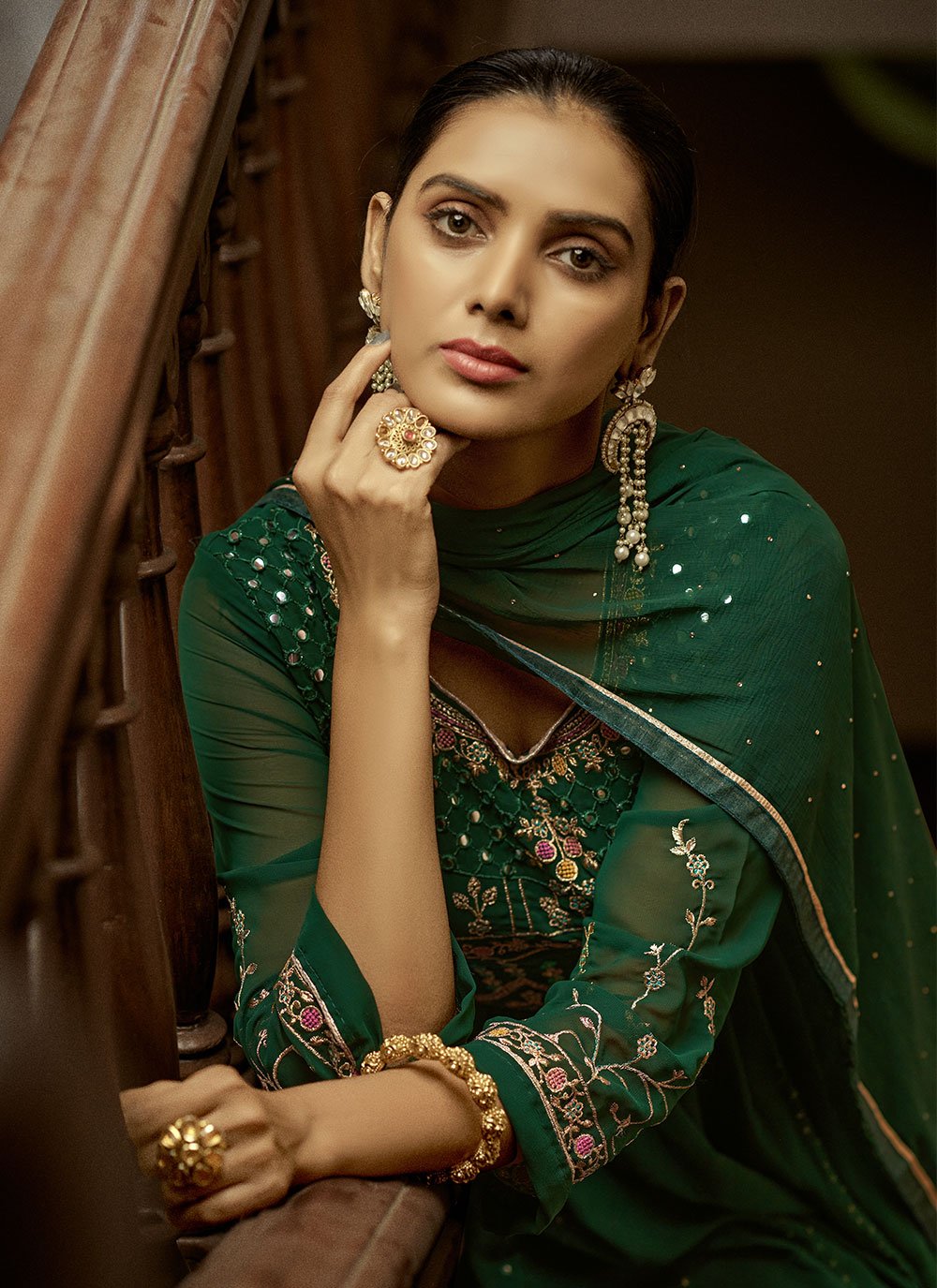 Floor Lenght Salwar Suit Faux Georgette Green Embroidered Salwar Kameez