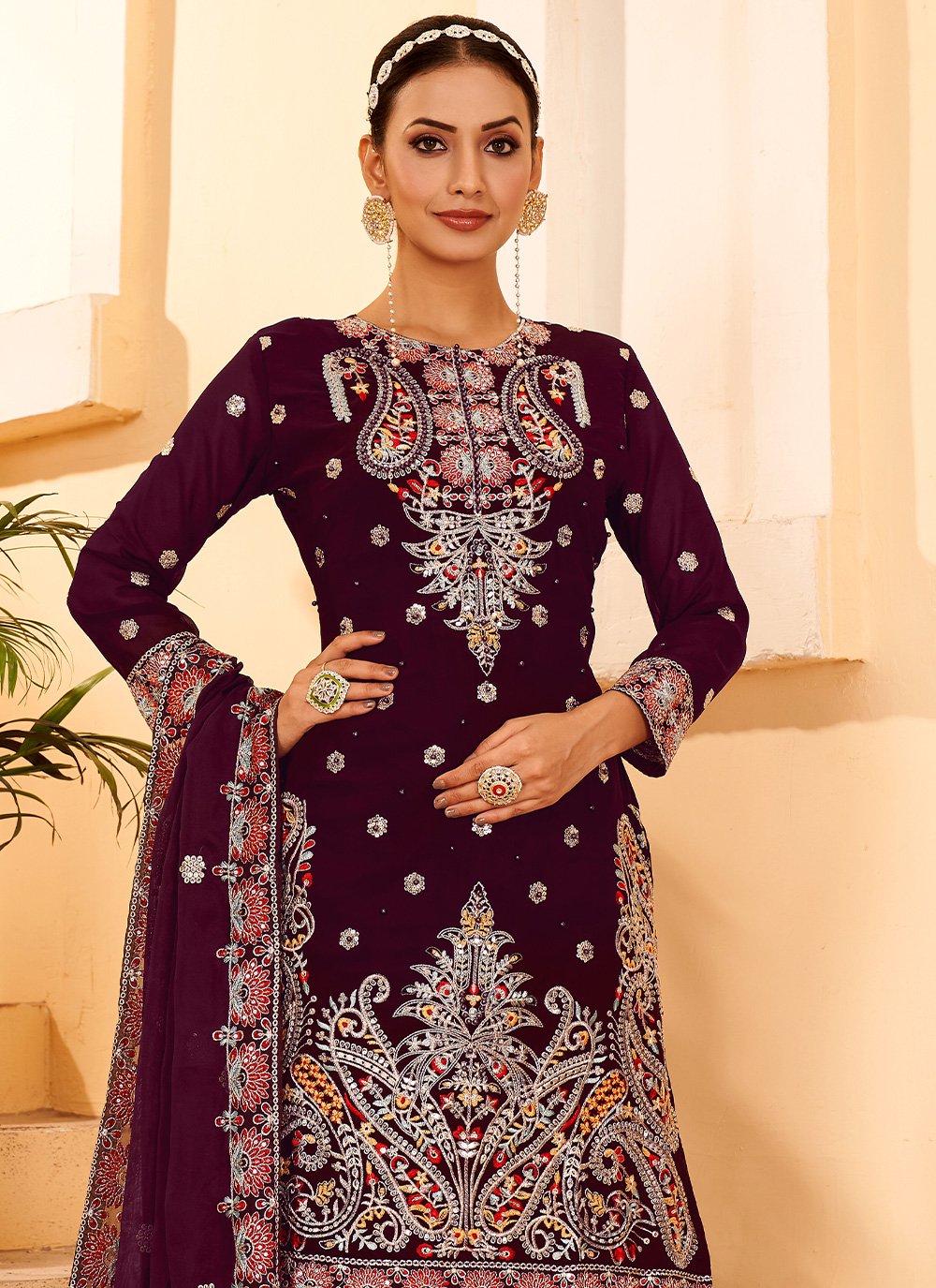 Straight Salwar Suit Faux Georgette Purple Embroidered Salwar Kameez