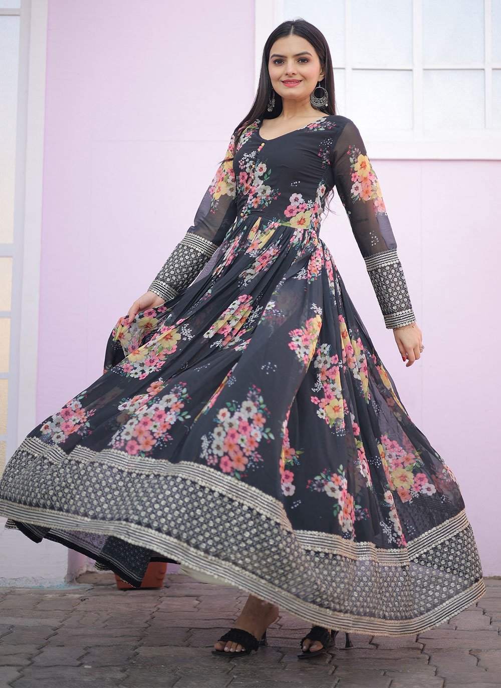 Gown Faux Georgette Grey Embroidered Gown