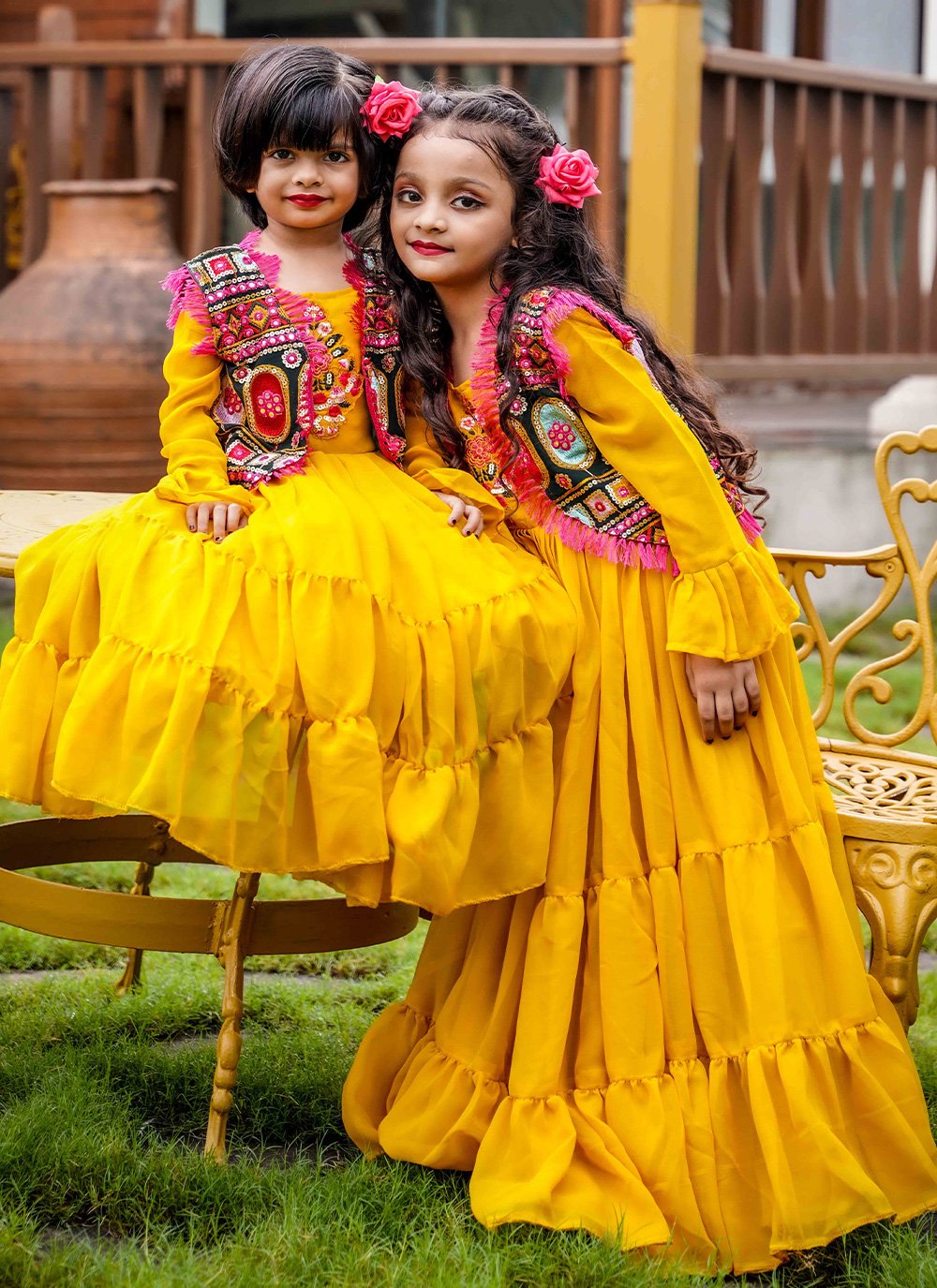 Gown Faux Georgette Yellow Embroidered Kids