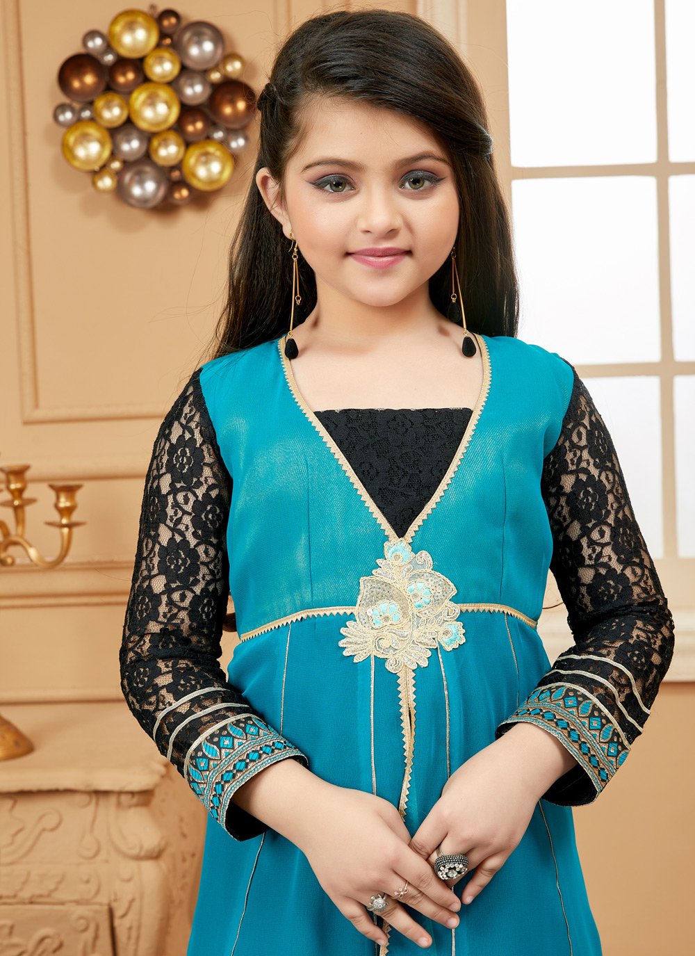 Pant Style Suit Faux Georgette Teal Embroidered Kids
