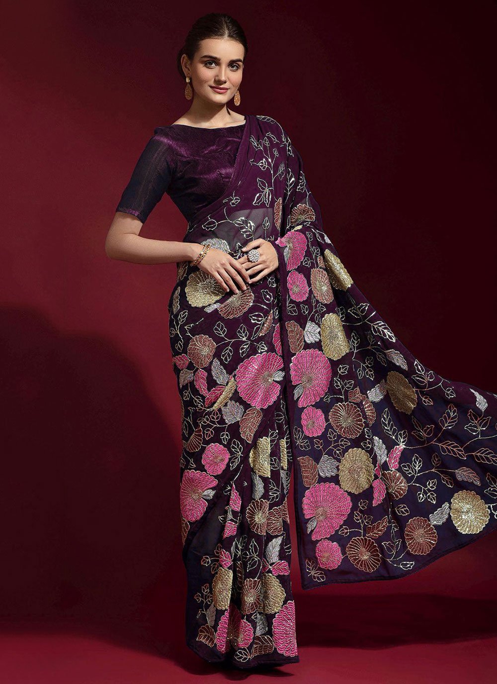 Trendy Saree Faux Georgette Purple Embroidered Saree