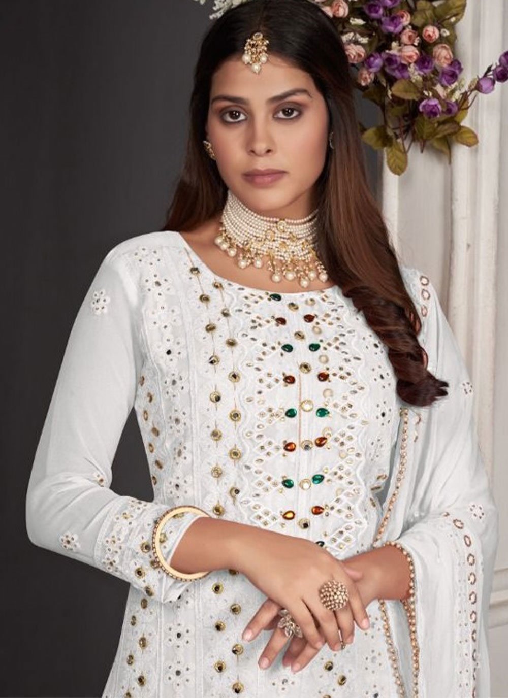 Straight Salwar Suit Faux Georgette White Embroidered Salwar Kameez