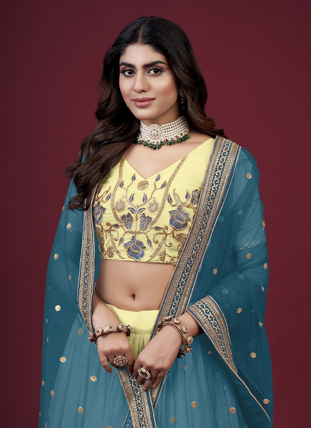 A Line Lehenga Faux Georgette Yellow Embroidered Lehenga Choli