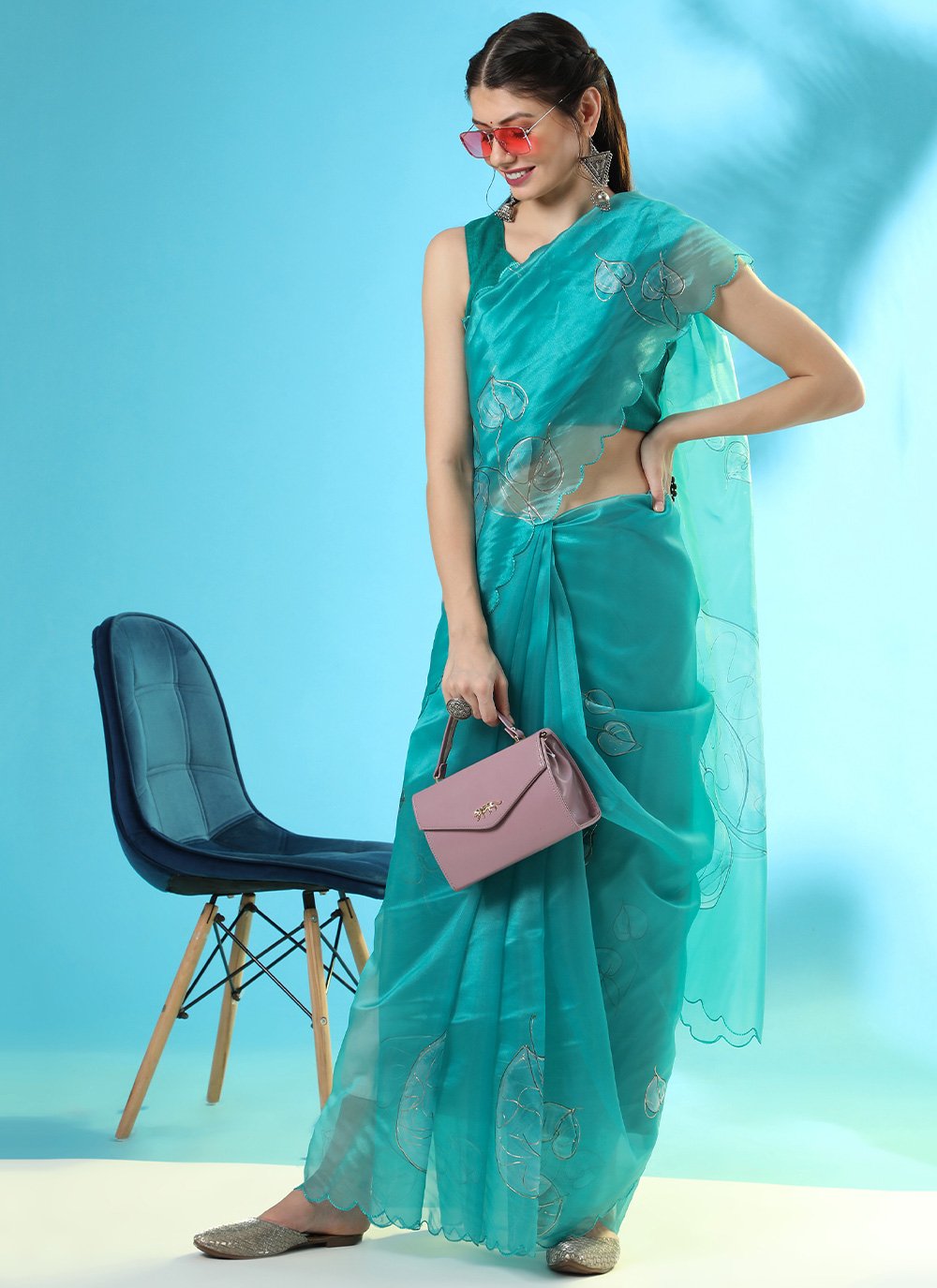 Classic Organza Silk Firozi Digital Print Saree