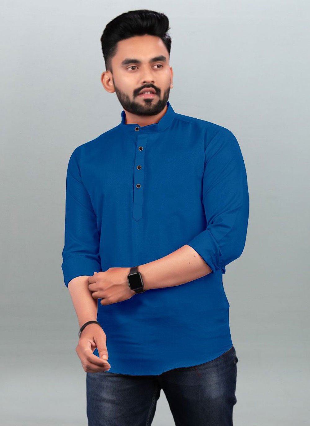 Short Kurta Cotton Firozi Plain Mens