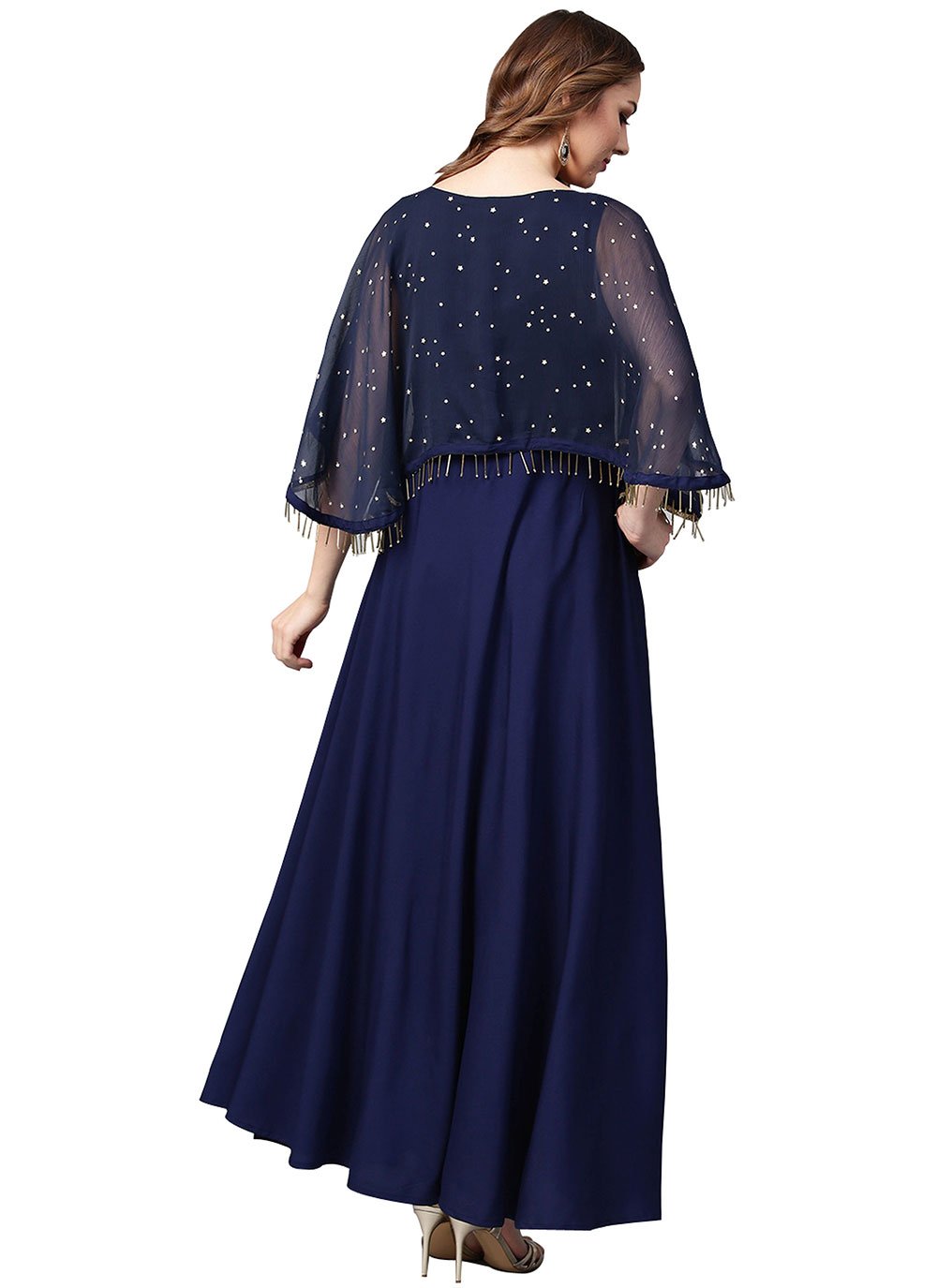 Floor Length Kurti Crepe Silk Blue Foil Print Kurtis