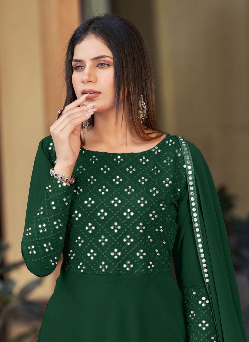 Floor Lenght Salwar Suit Georgette Green Mirror Salwar Kameez