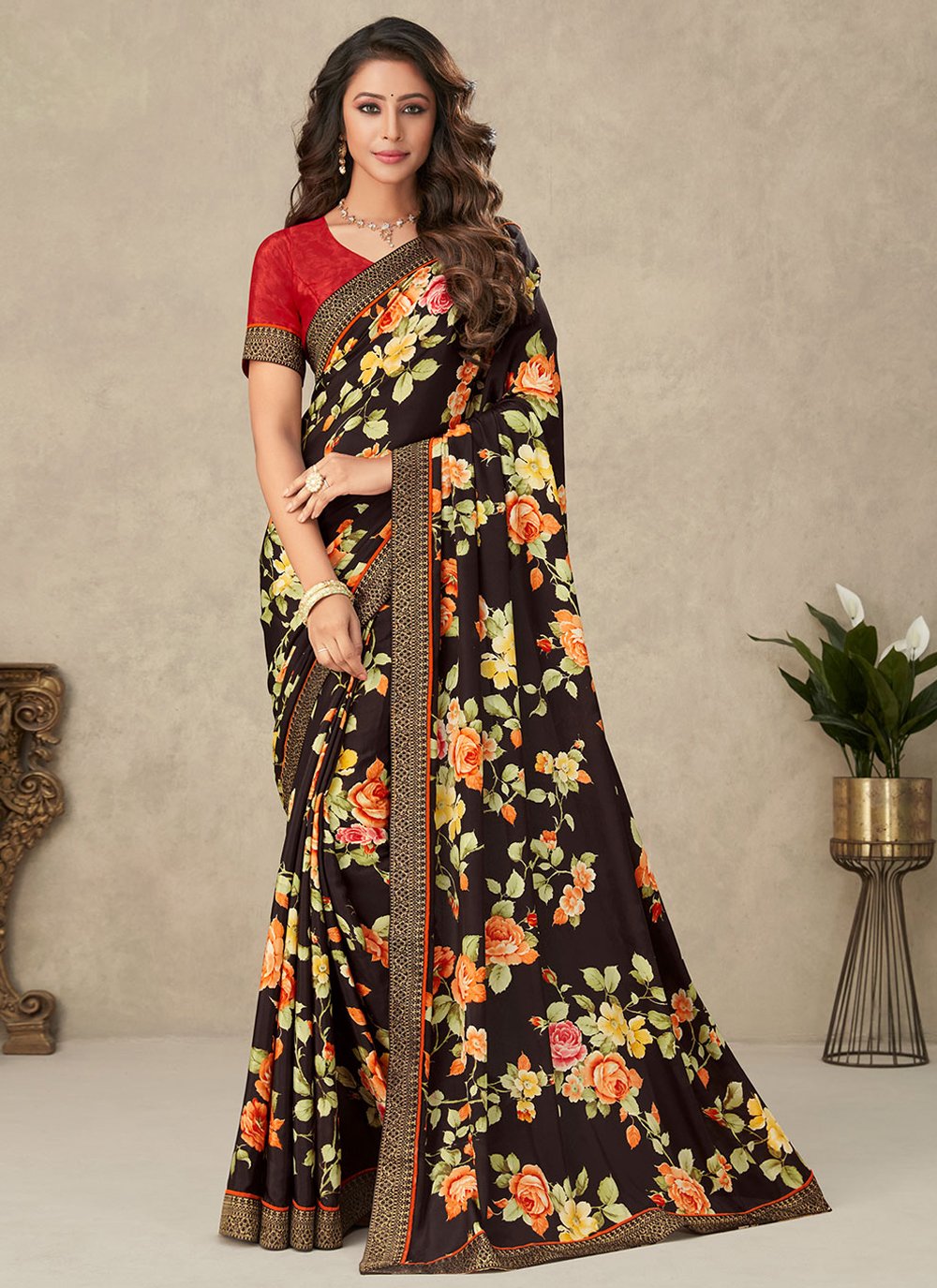 Classic Crepe Silk Brown Floral Patch Saree