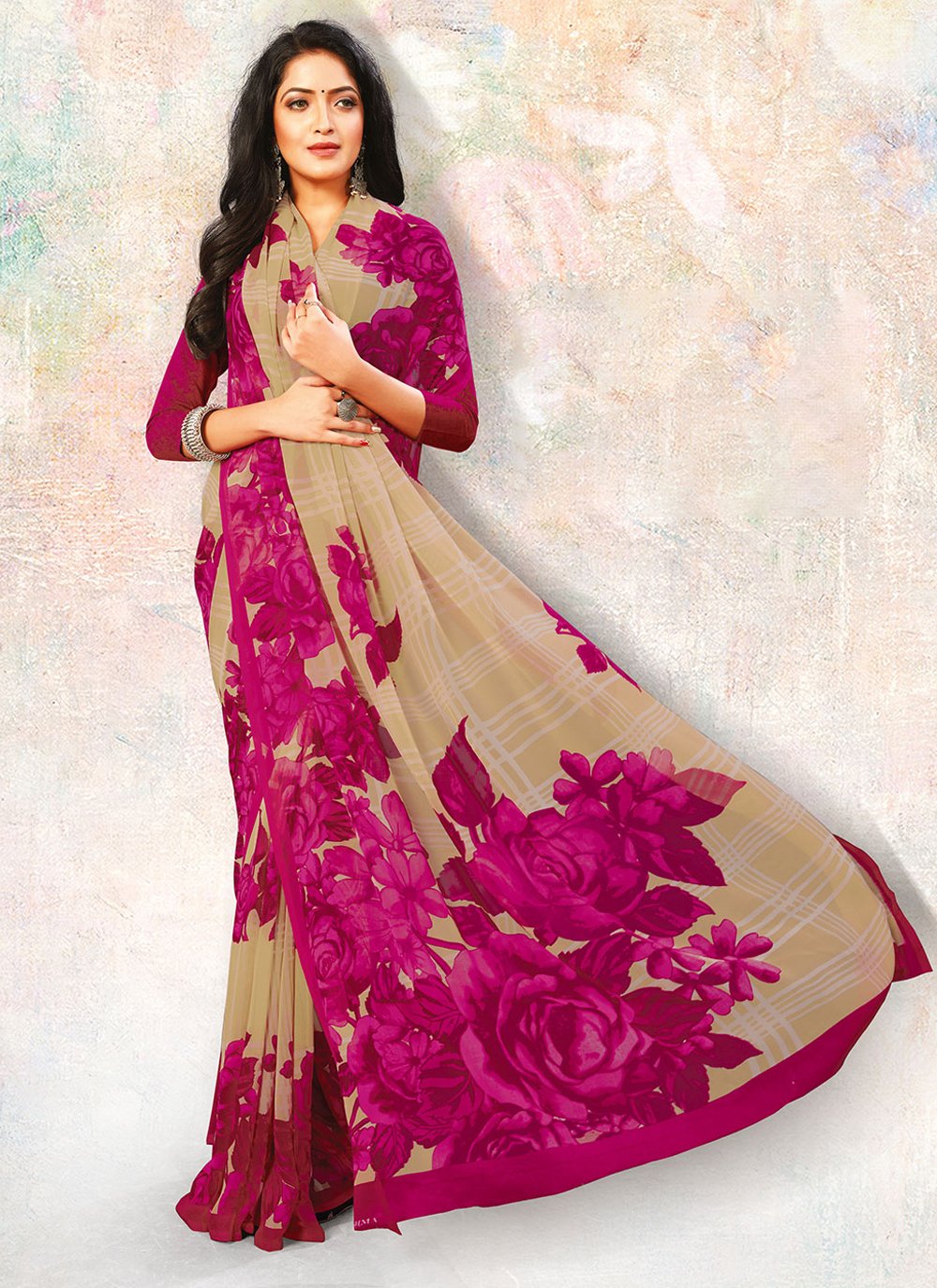 Contemporary Georgette Multi Colour Floral Patch Saree