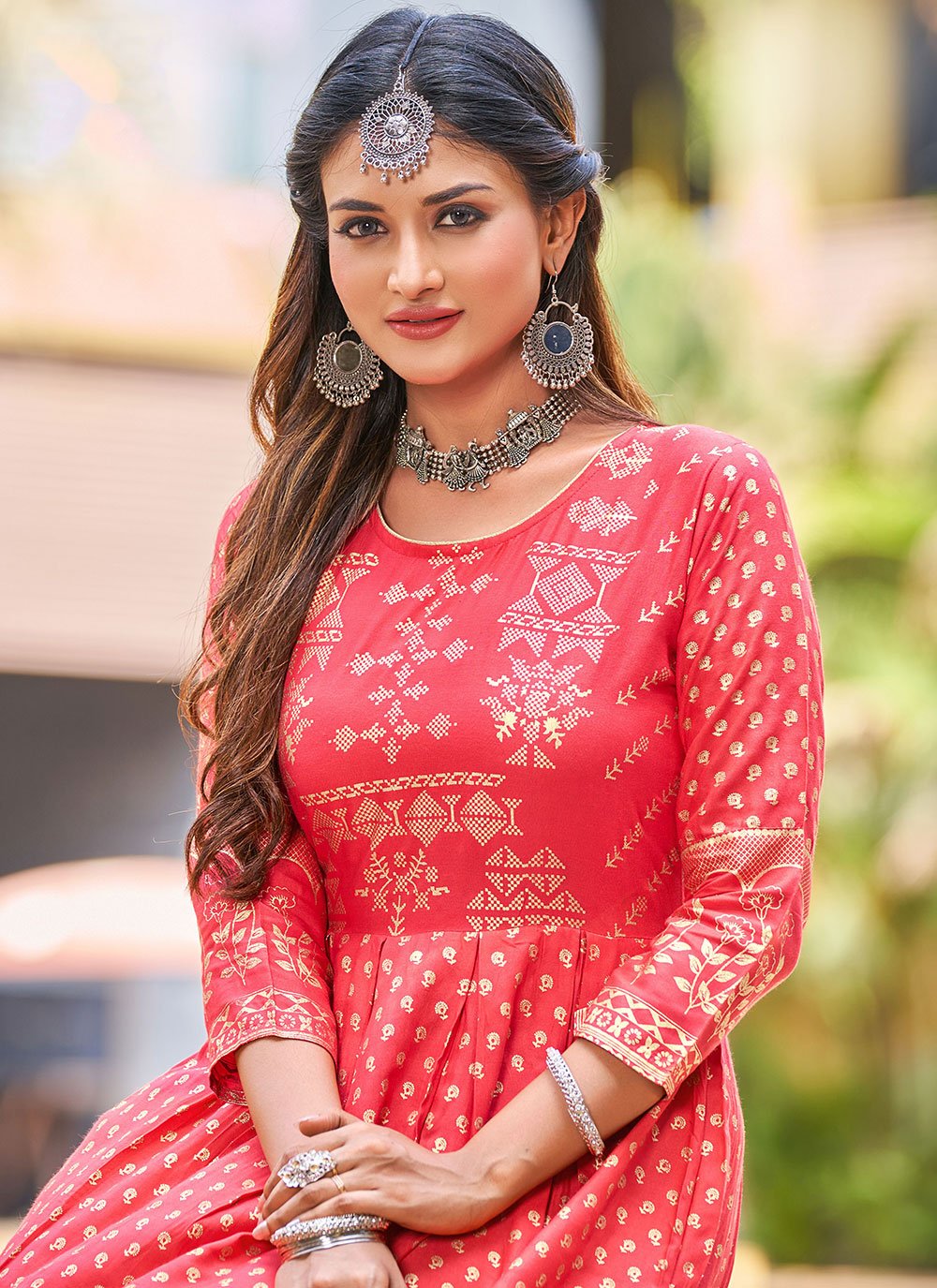 Gown Rayon Red Floral Patch Gown