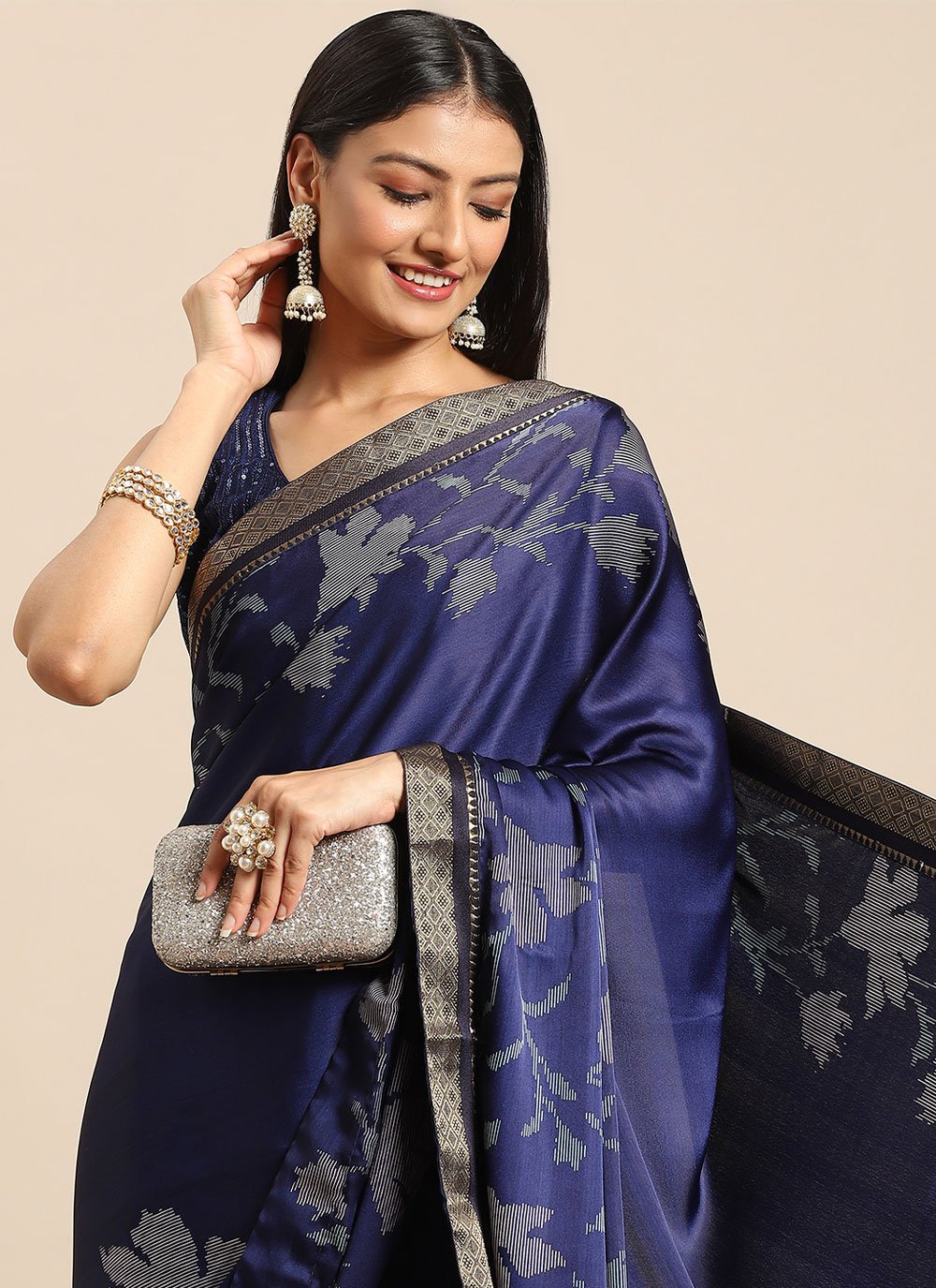 Classic Satin Blue Floral Patch Saree