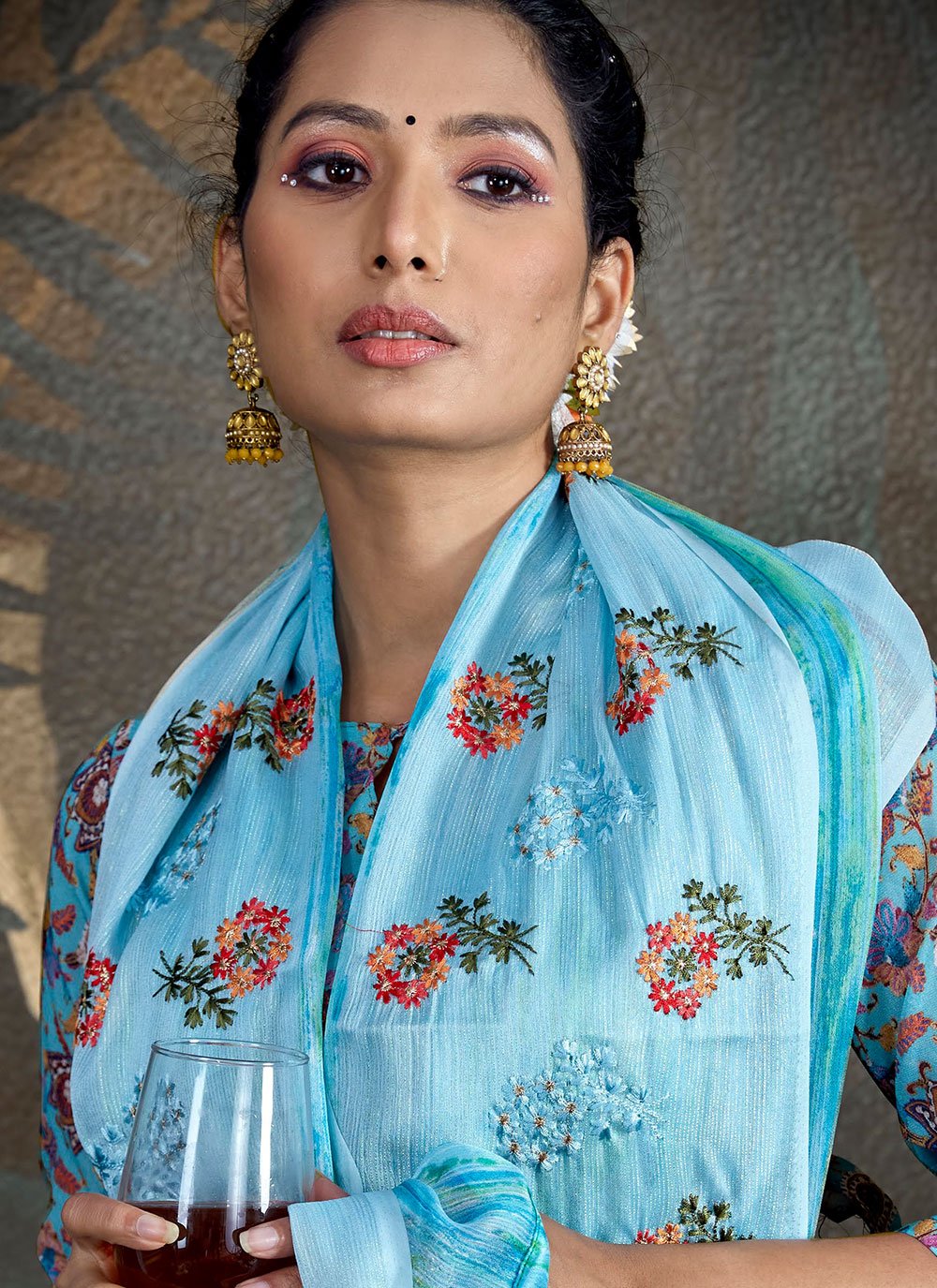 Contemporary Foil Aqua Blue Embroidered Saree