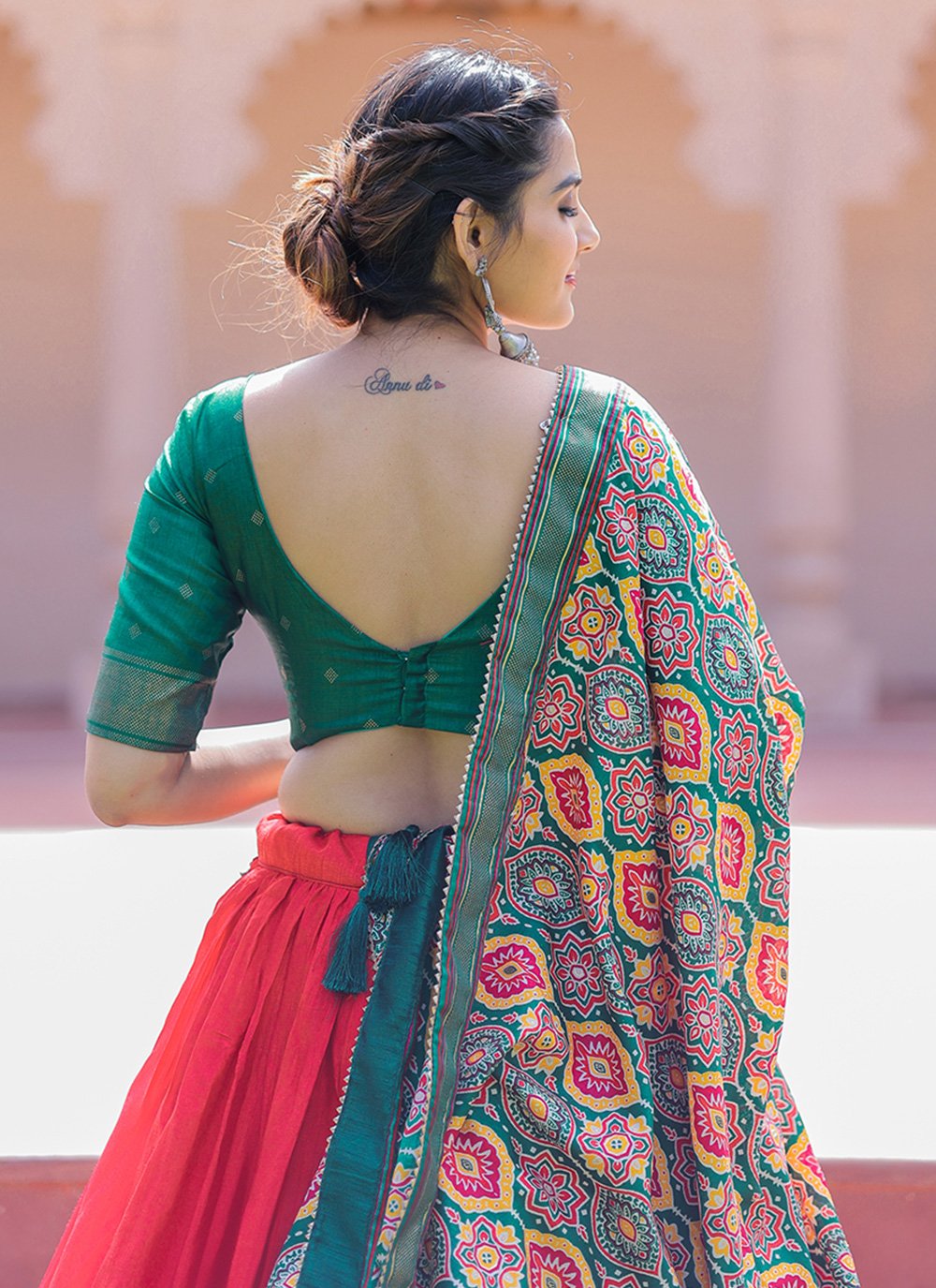 A Line Lehenga Silk Green Orange Foil Print Lehenga Choli
