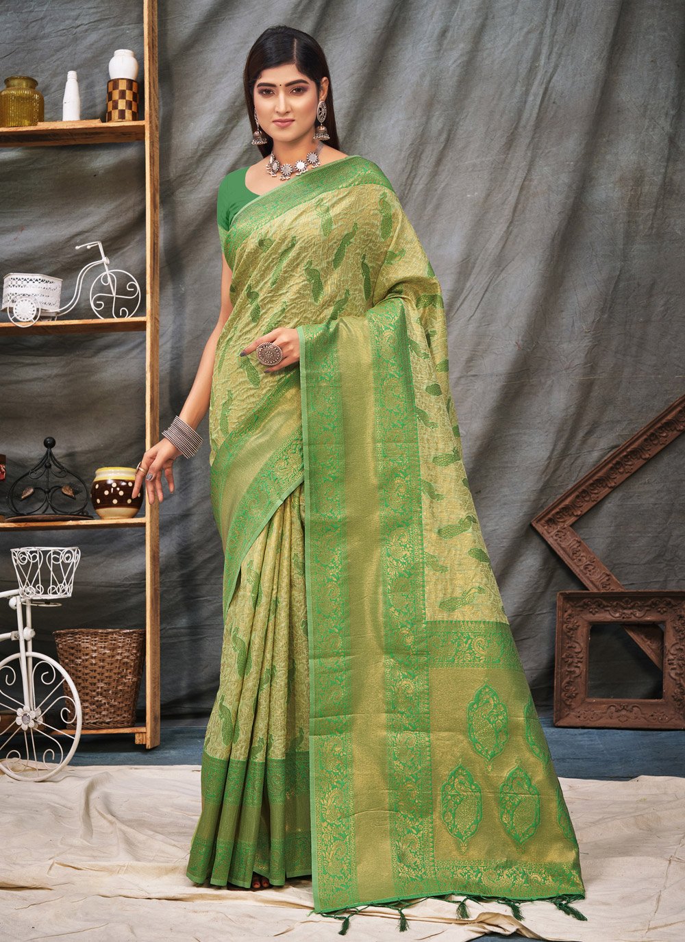 Classic Organza Beige Green Foil Print Saree