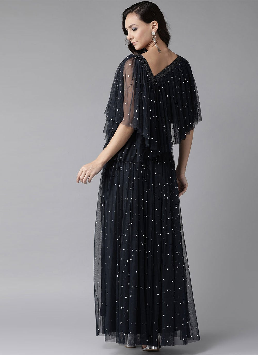 Floor Length Kurti Net Black Foil Print Kurtis