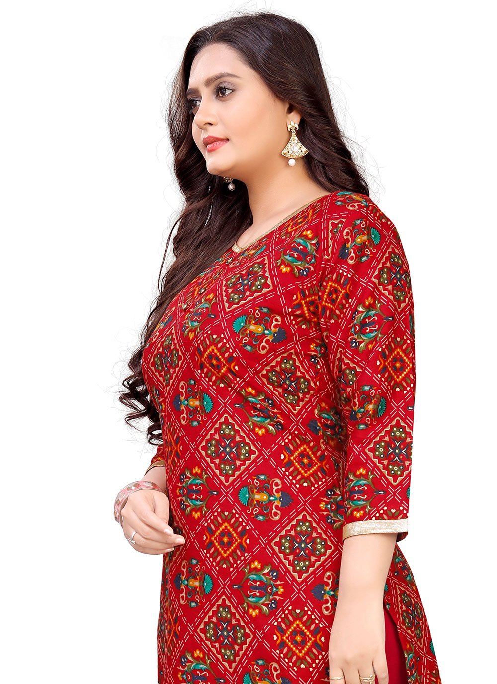 Casual Kurti Rayon Red Foil Print Kurtis