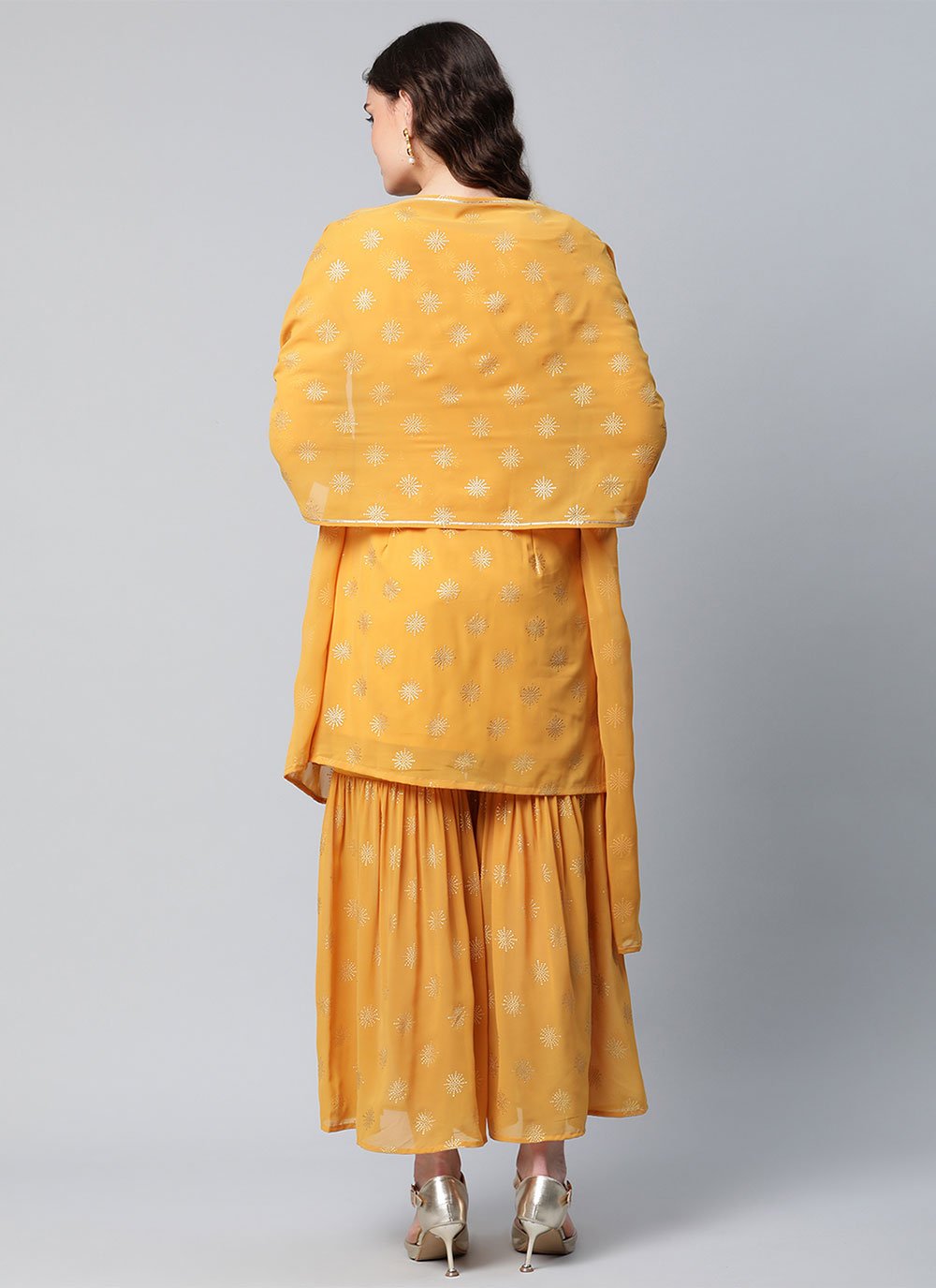 Palazzo Salwar Suit Georgette Mustard Foil Print Salwar Kameez