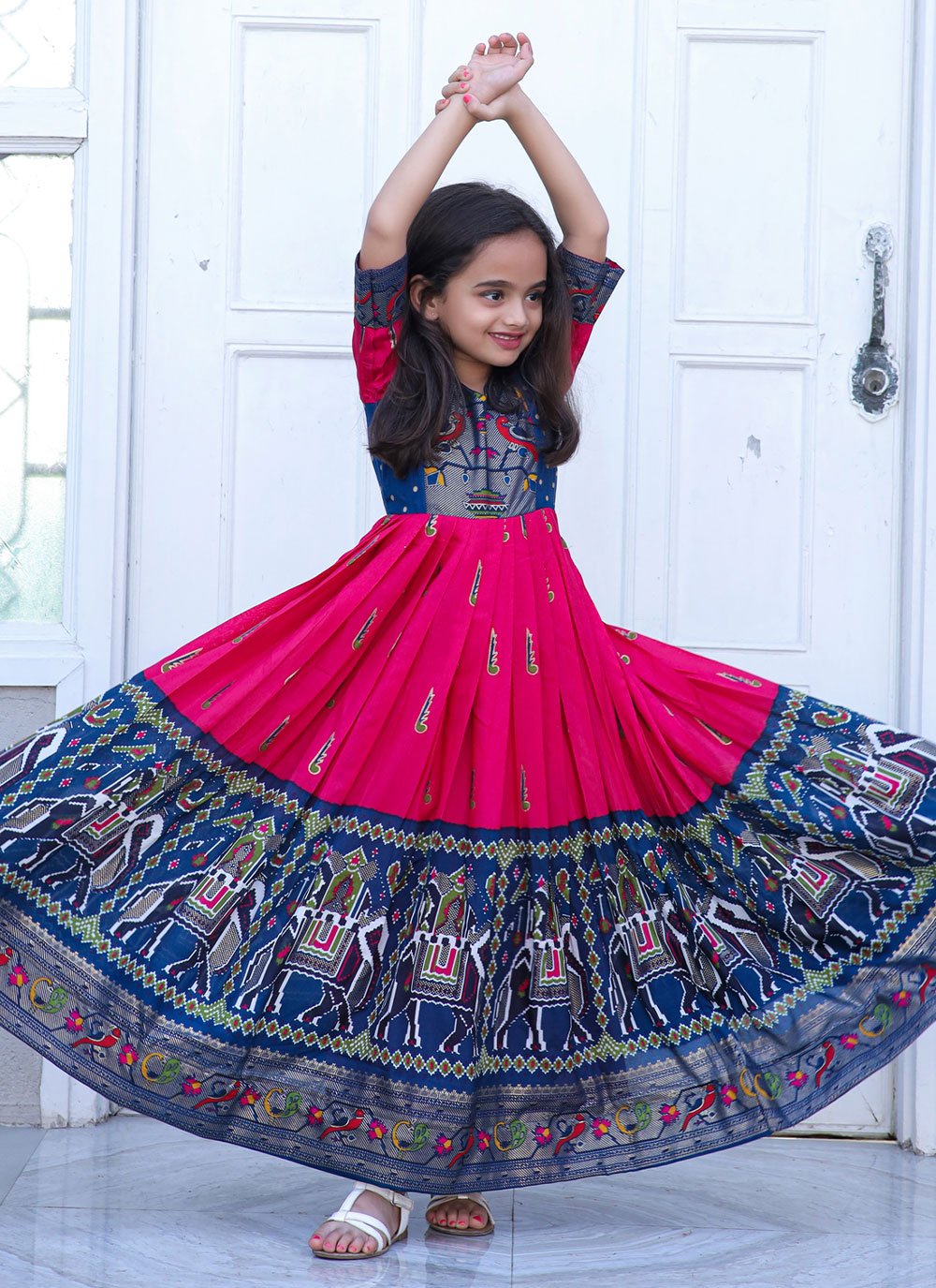 Gown Pure Dola Silk Blue Rani Foil Print Kids
