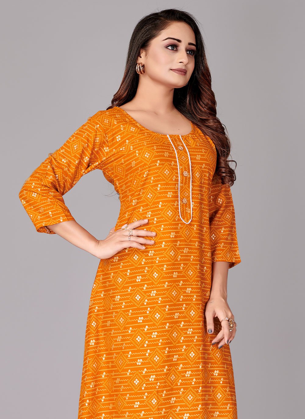 Casual Kurti Rayon Viscose Orange Foil Print Kurtis