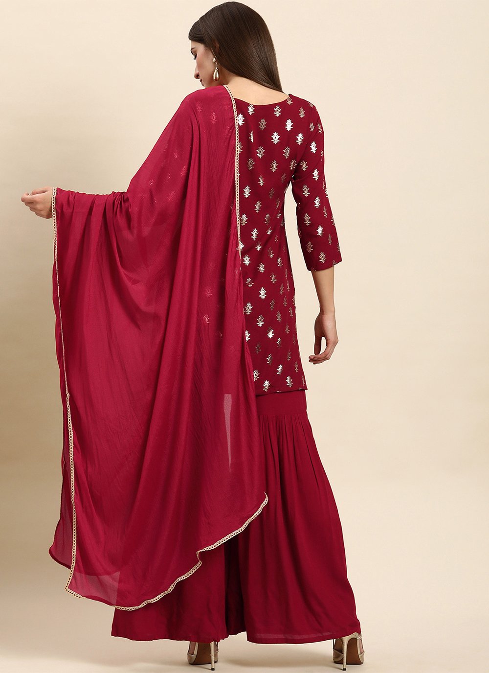 Palazzo Salwar Suit Rayon Maroon Foil Print Salwar Kameez